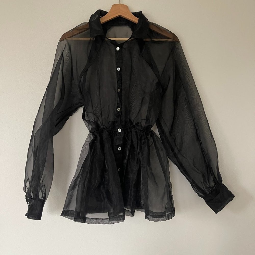 Black Organza Waisted Button Up Blouse